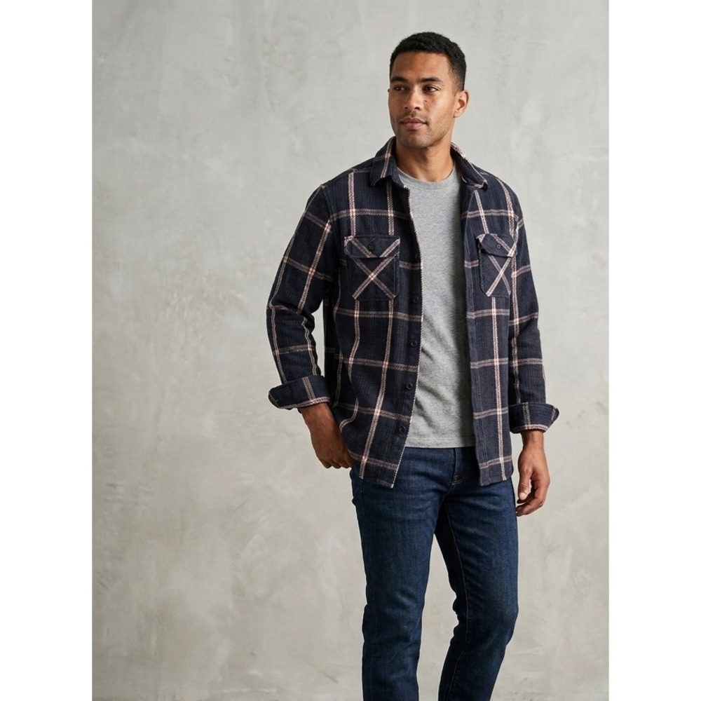 Pacific Trail Plaid Flannel Navy Windowpane Heavy Cotton‎ Button Down Shirt L